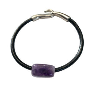 Polished Amethyst Bracelet Leather Corded Band and Sleek Silver Tone Hook Clasp